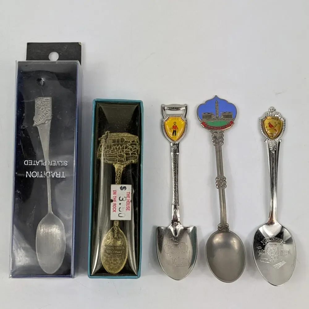 Vintage Souvenir Spoon Lot Indiana Illinois Wisconsin Massachusetts Enamel Decor